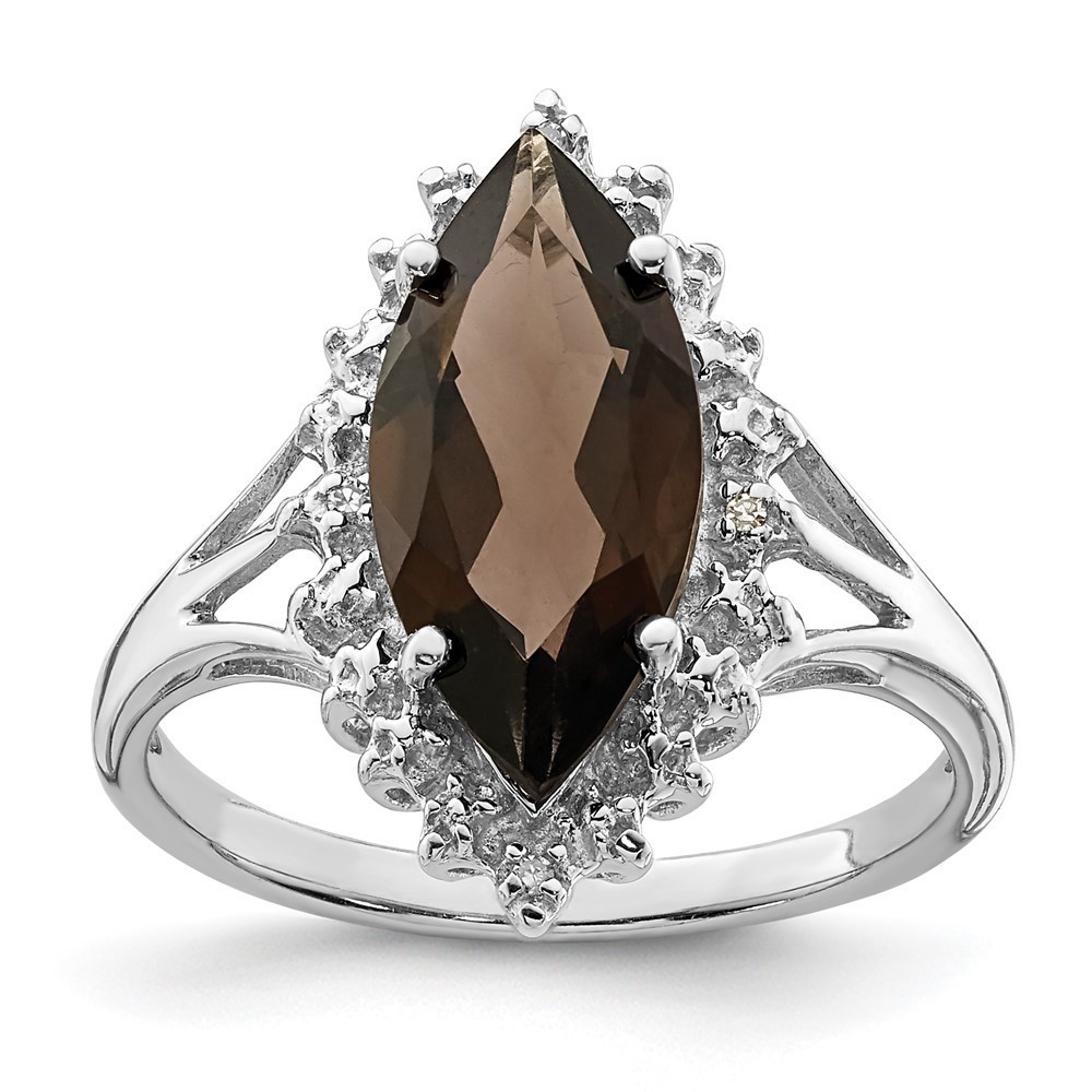 925 Sterling Silver Rhodium Smoky Quartz Diamond Ring
